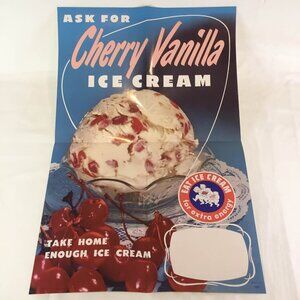 1950s  CHERRY VANILLA  ICE CREAM Paper Poster Sign Never Displayed Litho USA